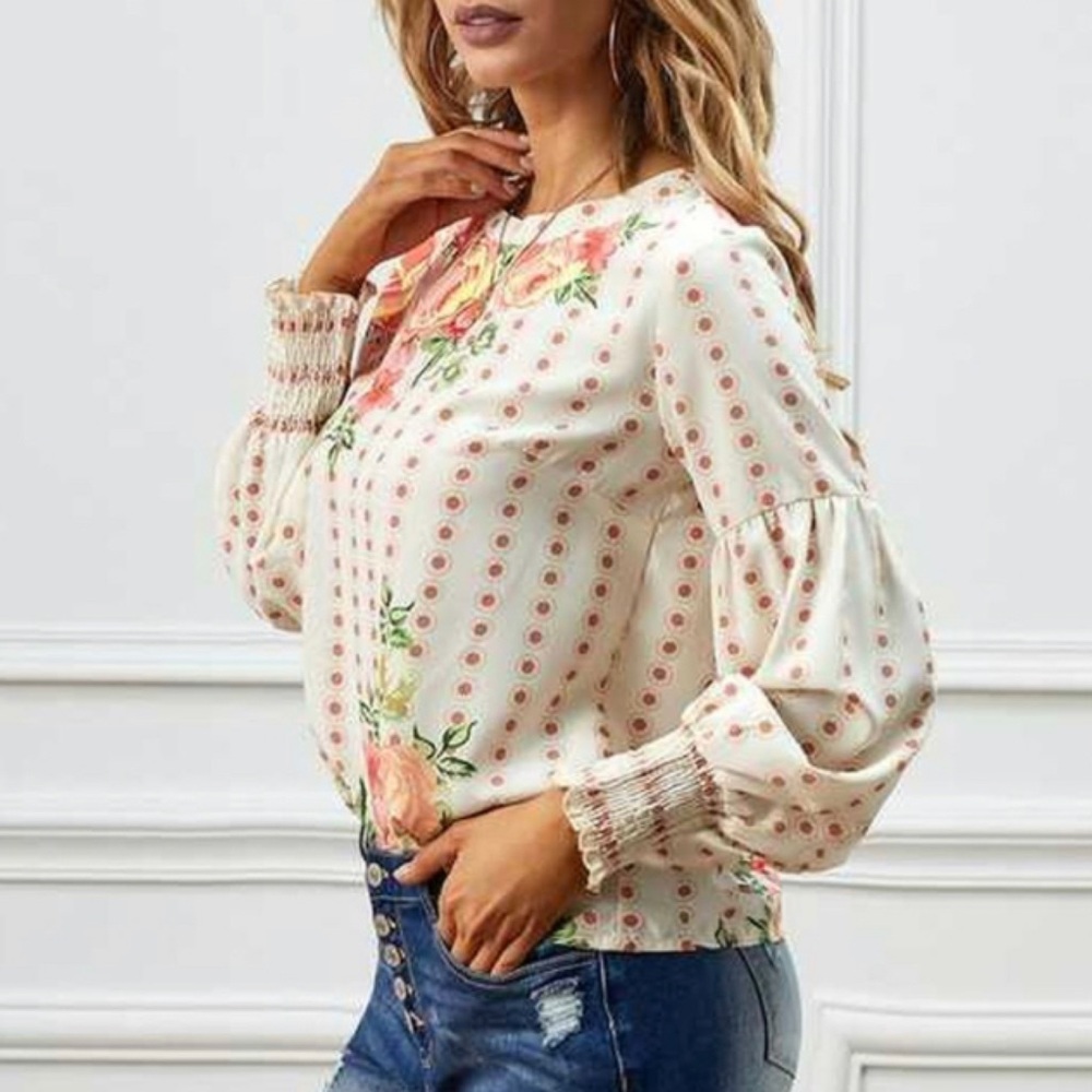 Floral Print Banded Neckline Long Bubble Sleeve Blouse Top NWT - Picture 2 of 12